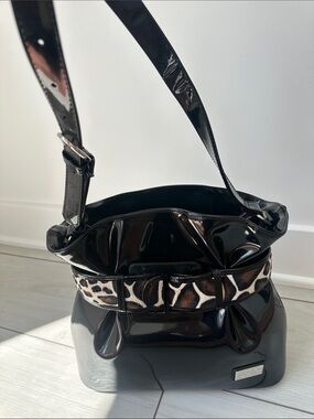 Beijo Black Patent Shoulder Bag with Leopard Accent